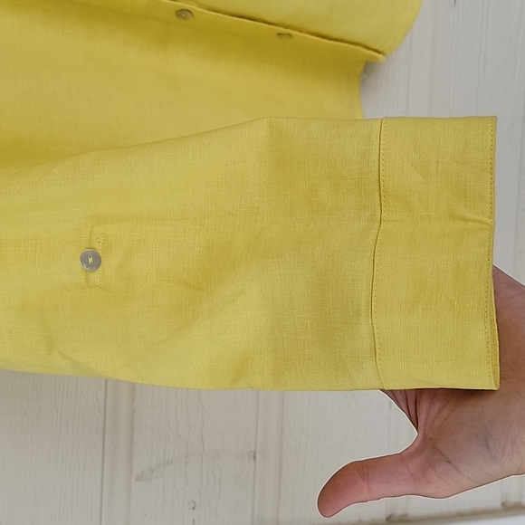 E-col-o-gie Yellow Embroidered 100% Linen Button Front Long Sleeve Shirt Women L - Picture 7 of 9